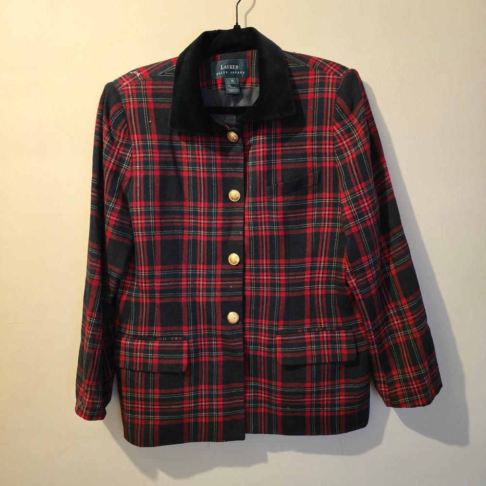 Vintage 90s Lauren Ralph Lauren Blazer Women 14 Red Plaid Wool Velvet Crest Coat